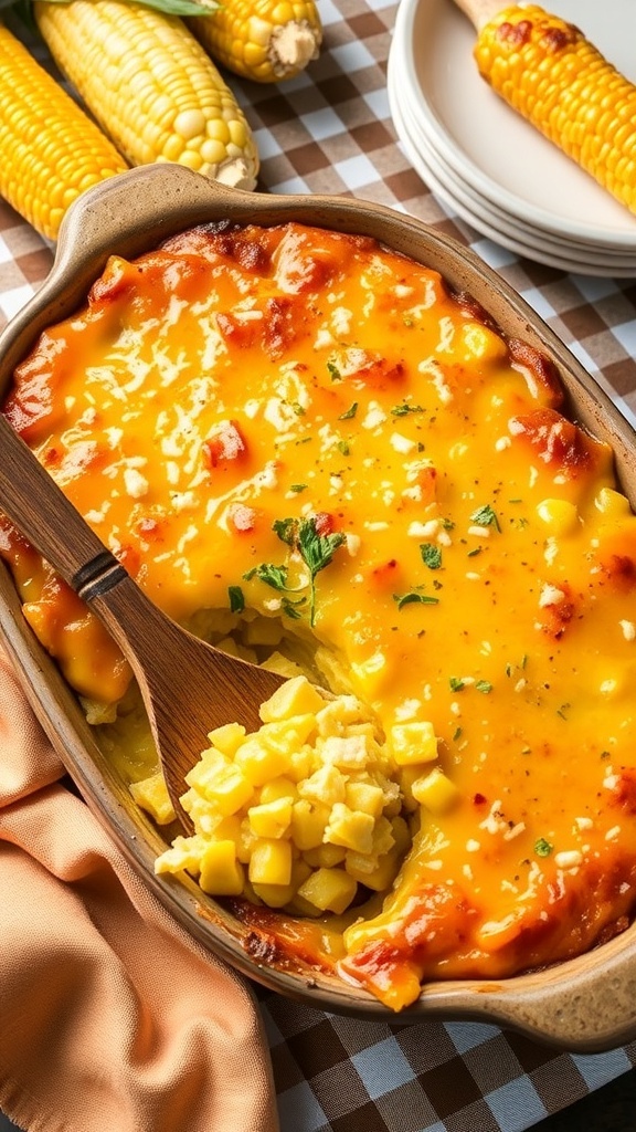 Cheesy corn casserole in a baking dish, golden brown on top, served with a wooden spoon.